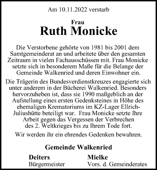 Traueranzeige von Ruth Monicke von Harz Kurier