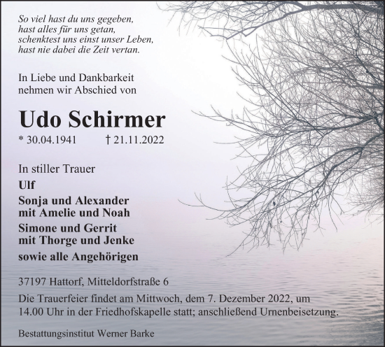 Traueranzeige von Udo Schirmer von Harz Kurier