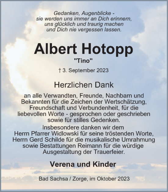 Traueranzeige von Albert Hotopp von Harz Kurier