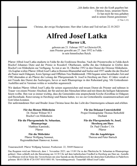 Traueranzeige von Alfred Josef Latka von Harz Kurier
