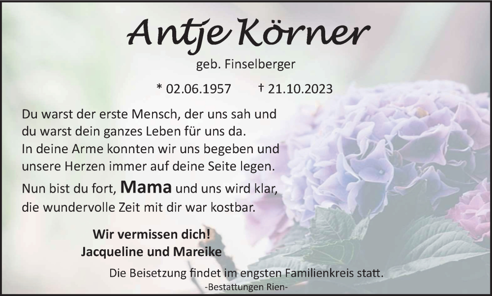  Traueranzeige für Antje Körner vom 28.10.2023 aus Harz Kurier