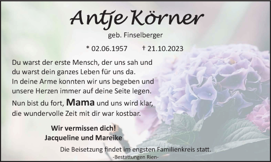 Traueranzeige von Antje Körner von Harz Kurier