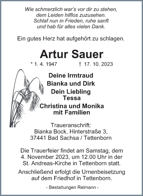 Traueranzeige von Artur Sauer von Harz Kurier