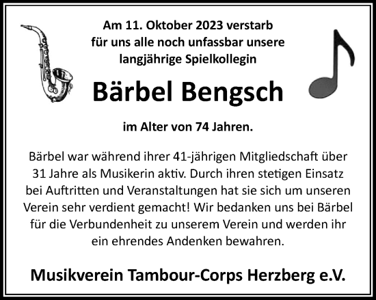 Traueranzeige von Bärbel Bengsch von Harz Kurier