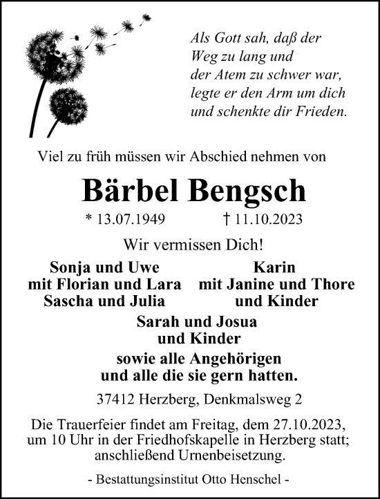 Traueranzeige von Bärbel Bengsch von Harz Kurier