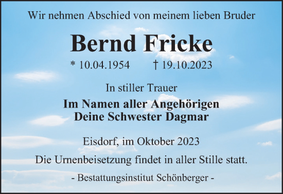 Traueranzeige von Bernd Fricke von Harz Kurier