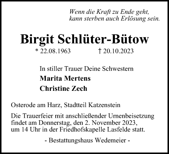 Traueranzeige von Birgit Schlüter-Bütow von Harz Kurier