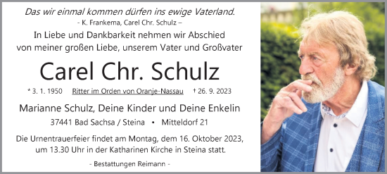 Traueranzeige von Carel Chr. Schulz von Harz Kurier