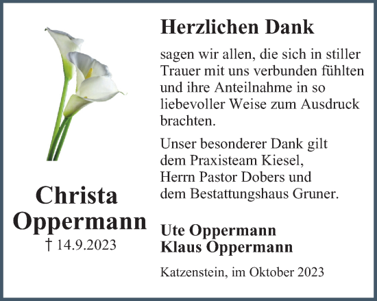 Traueranzeige von Christa Oppermann von Harz Kurier