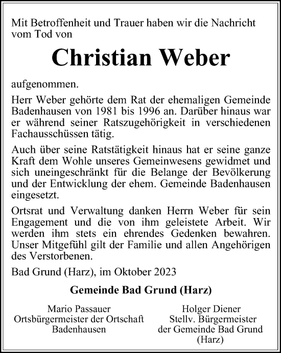 Traueranzeige von Christian Weber von Harz Kurier