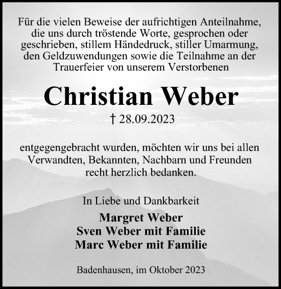 Traueranzeige von Christian Weber von Harz Kurier