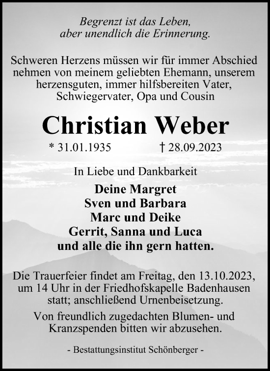 Traueranzeige von Christian Weber von Harz Kurier