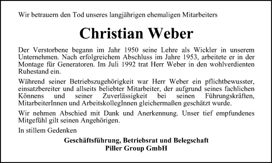 Traueranzeige von Christian Weber von Harz Kurier