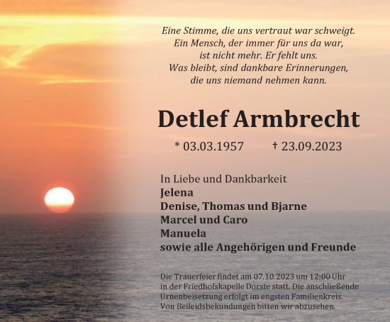 Traueranzeige von Detlef Armbrecht von Harz Kurier