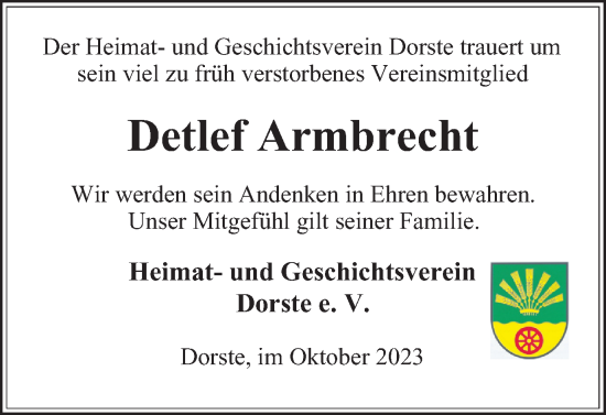 Traueranzeige von Detlef Armbrecht von Harz Kurier