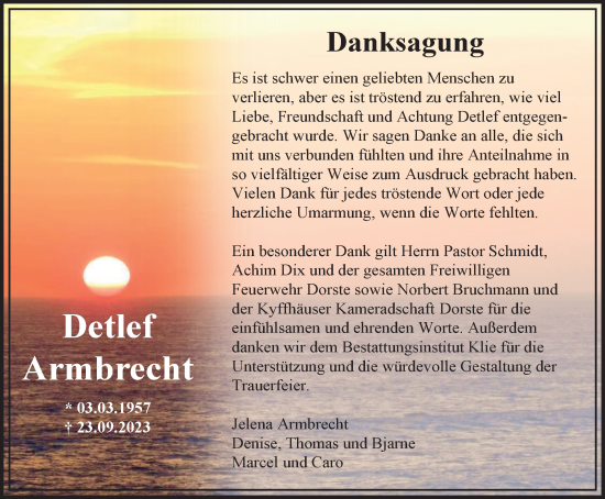 Traueranzeige von Detlef Armbrecht von Harz Kurier
