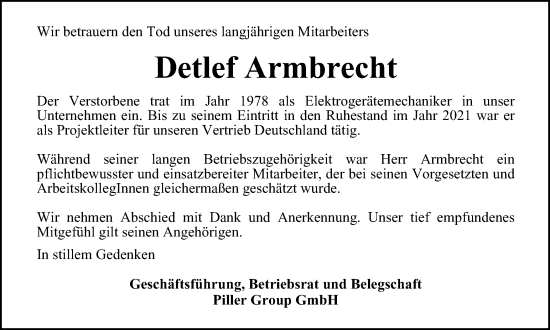 Traueranzeige von Detlef Armbrecht von Harz Kurier