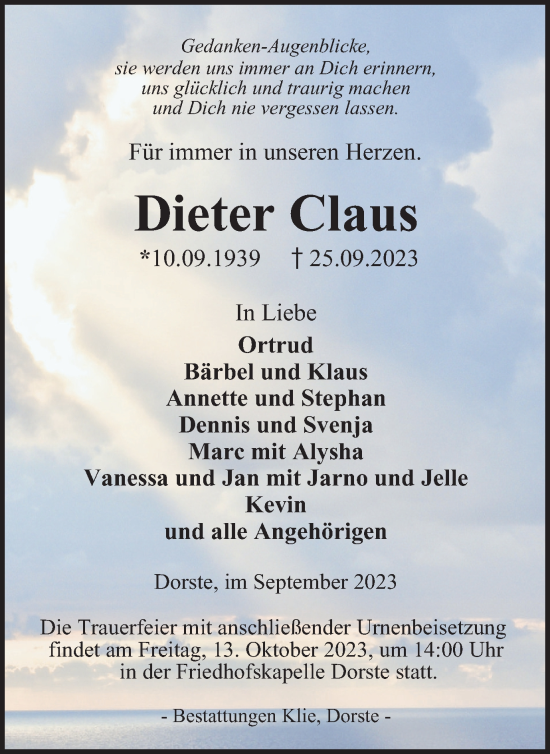 Traueranzeige von Dieter Claus von Harz Kurier