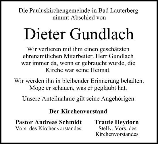 Traueranzeige von Dieter Gundlach von Harz Kurier