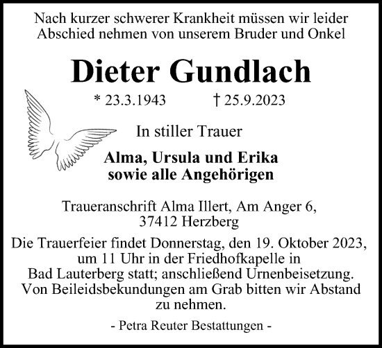 Traueranzeige von Dieter Gundlach von Harz Kurier