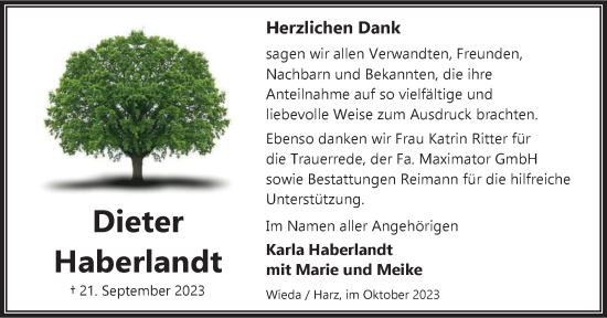 Traueranzeige von Dieter Haberlandt von Harz Kurier
