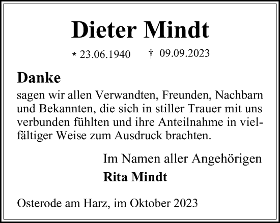 Traueranzeige von Dieter Mindt von Harz Kurier