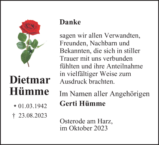 Traueranzeige von Dietmar Hümme von Harz Kurier
