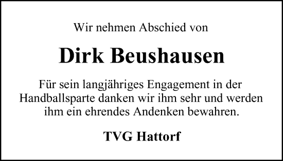 Traueranzeige von Dirk Beushausen von Harz Kurier