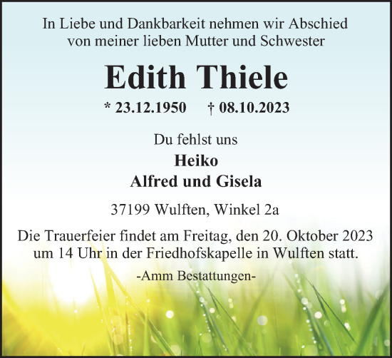 Traueranzeige von Edith Thiele von Harz Kurier