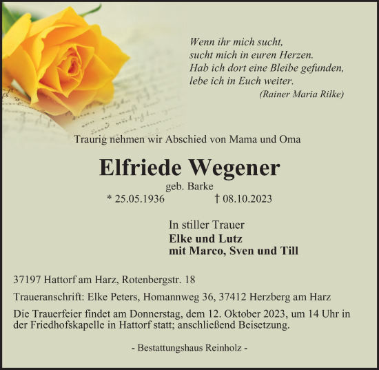 Traueranzeige von Elfriede Wegener von Harz Kurier