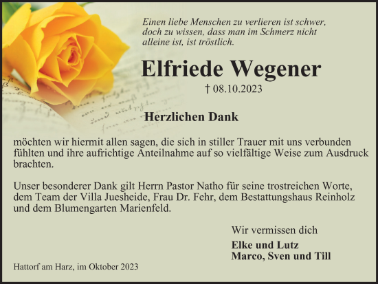 Traueranzeige von Elfriede Wegener von Harz Kurier