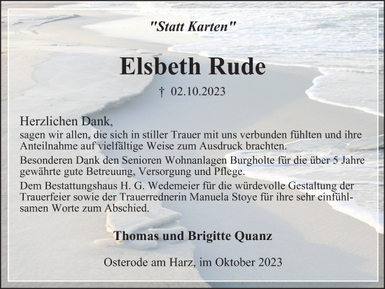 Traueranzeige von Elsbeth Rude von Harz Kurier