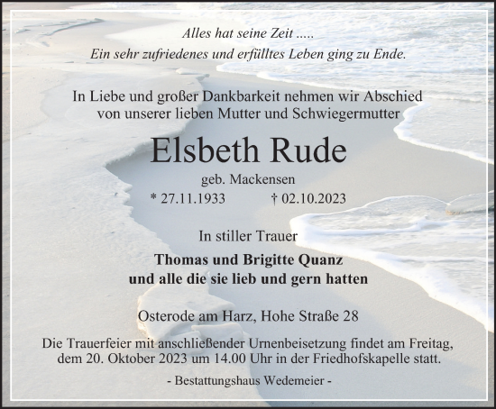 Traueranzeige von Elsbeth Rude von Harz Kurier
