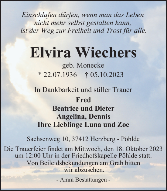 Traueranzeige von Elvira Wiechers von Harz Kurier