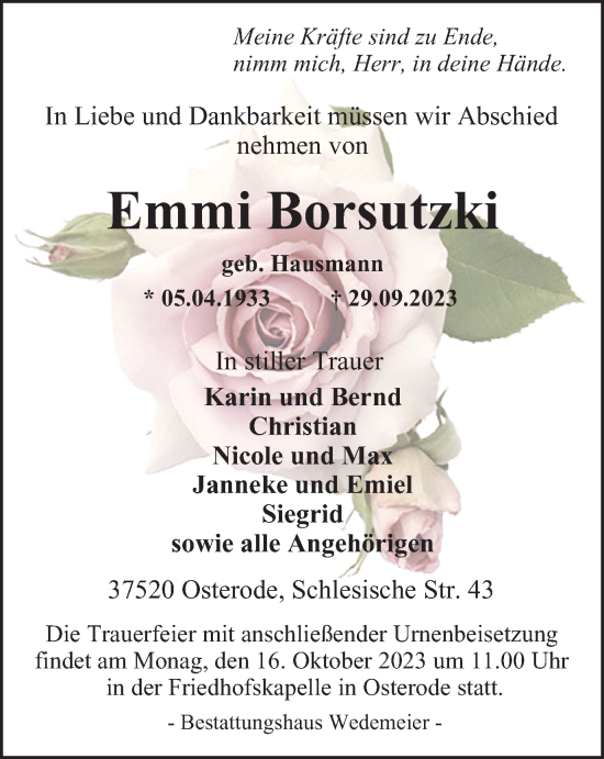 Traueranzeige von Emmi Borsutzki von Harz Kurier