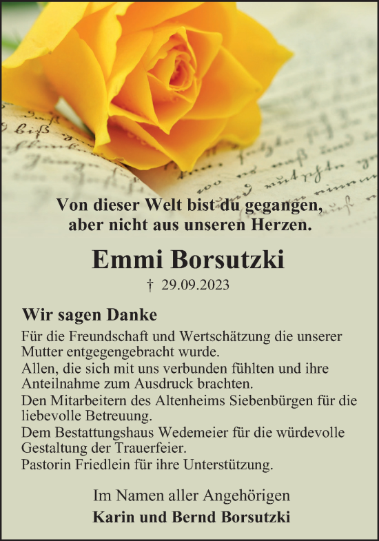 Traueranzeige von Emmi Borsutzki von Harz Kurier