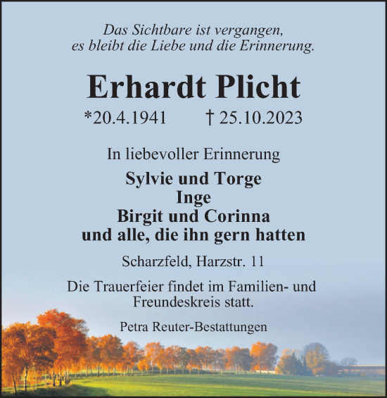 Traueranzeige von Erhardt Plicht von Harz Kurier