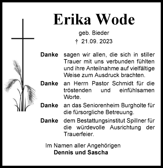 Traueranzeige von Erika Wode von Harz Kurier