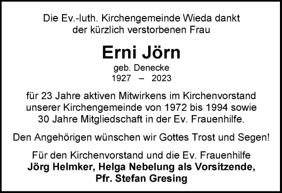 Traueranzeige von Erni Jörn von Harz Kurier