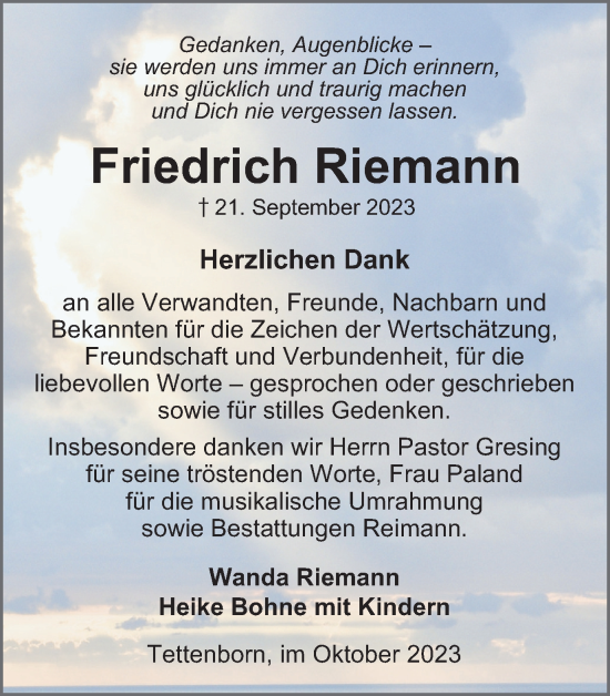 Traueranzeige von Friedrich Riemann von Harz Kurier