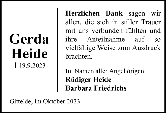 Traueranzeige von Gerda Heide von Harz Kurier