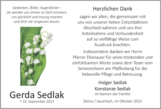 Traueranzeige von Gerda Sedlak von Harz Kurier