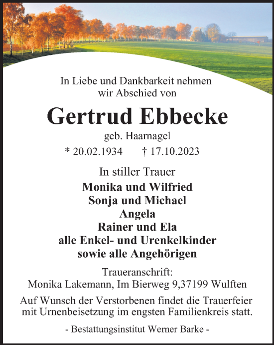 Traueranzeige von Gertrud Ebbecke von Harz Kurier