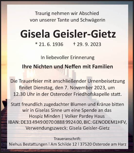 Traueranzeige von Gisela Geisler-Gietz von Harz Kurier