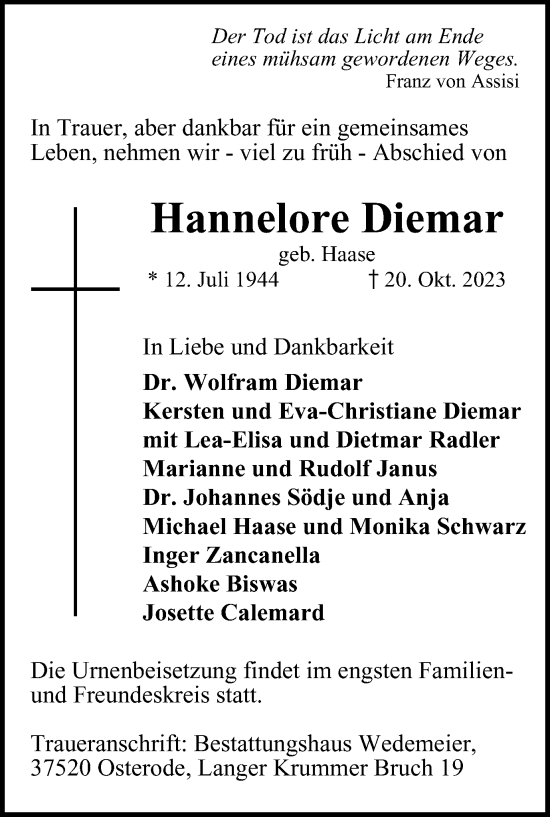 Traueranzeige von Hannelore Diemar von Harz Kurier