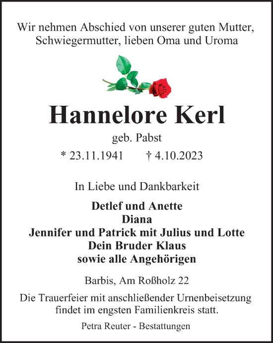 Traueranzeige von Hannelore Kerl von Harz Kurier