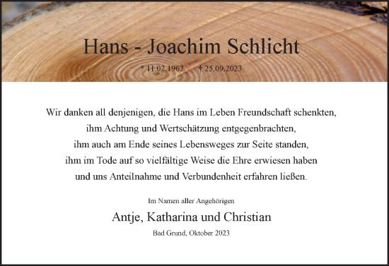 Traueranzeige von Hans-Joachim  Schlicht von Harz Kurier