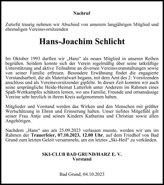 Traueranzeige von Hans-Joachim  Schlicht von Harz Kurier