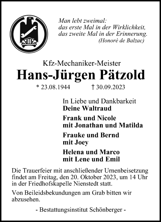 Traueranzeige von Hans-Jürgen Pätzold von Harz Kurier