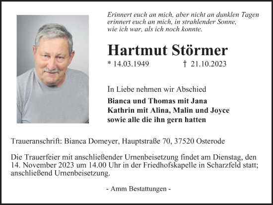 Traueranzeige von Hartmut Störmer von Harz Kurier
